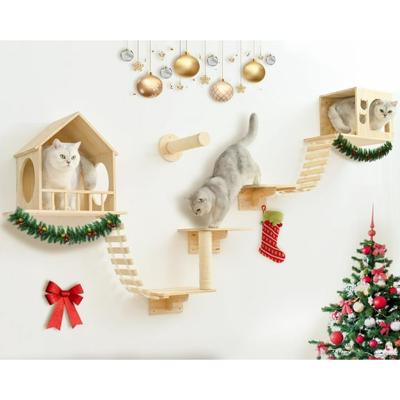 Cat Wall Shelves with 2 Condos, Wall Mounted Cat Furniture for Large Cats, Cat Climbing Wall Perch with Scratching Posts, Space Saving Cat Activity Tree