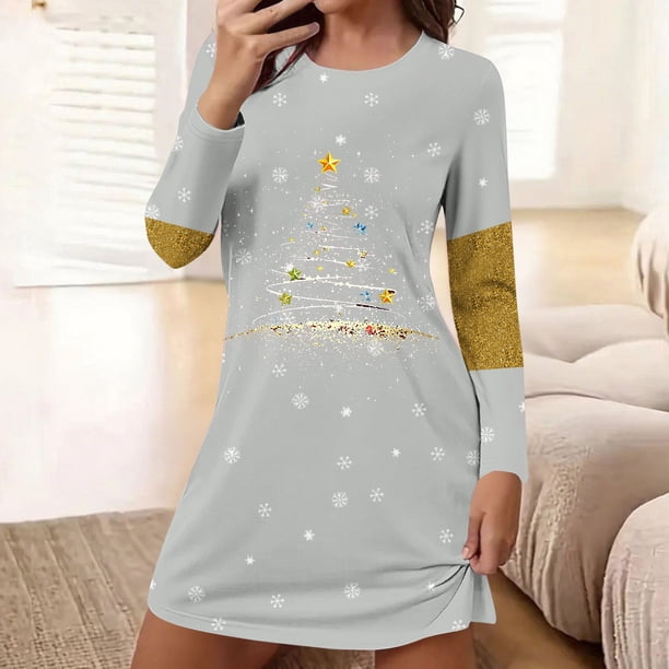 Camisón corto holgado y cómodo con cuello redondo y manga larga estampado para mujer