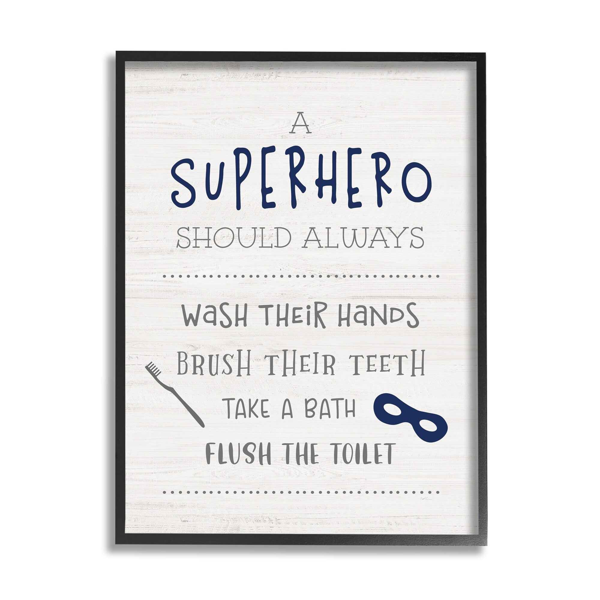 Stupell Industries Superhero Bathroom Rules Good Hygiene Phrases Blue Mask Typography Painting Black Framed Art Print Wall Art, 16 x 20