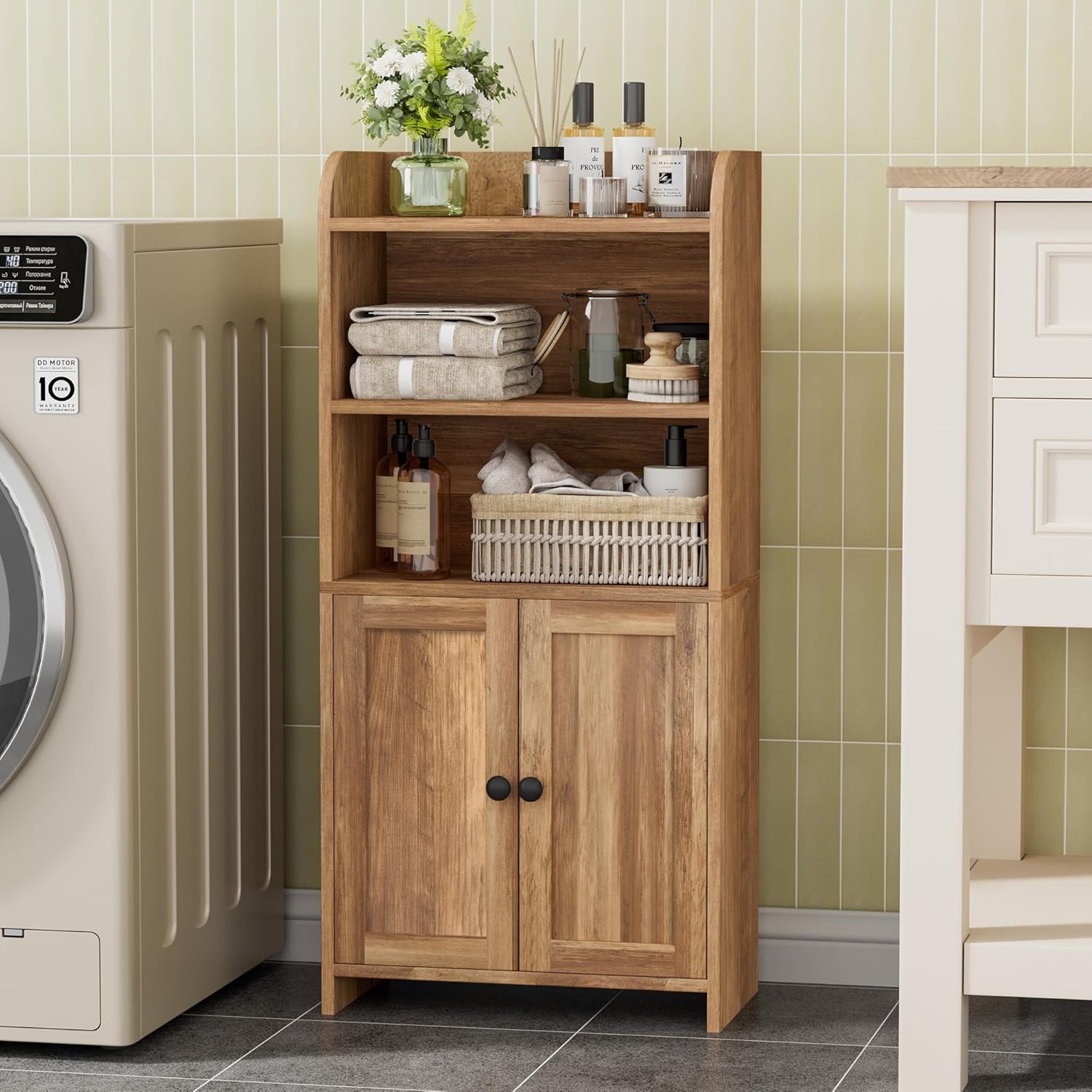 Small Bathroom Storage Cabinet, Freestanding Toilet Paper Storage with 2 Doors and Shelves, Bathroom Organizers and Storage for Small Spaces, 7.9" D x 14.6" W x 31" H, Rustic Walnut