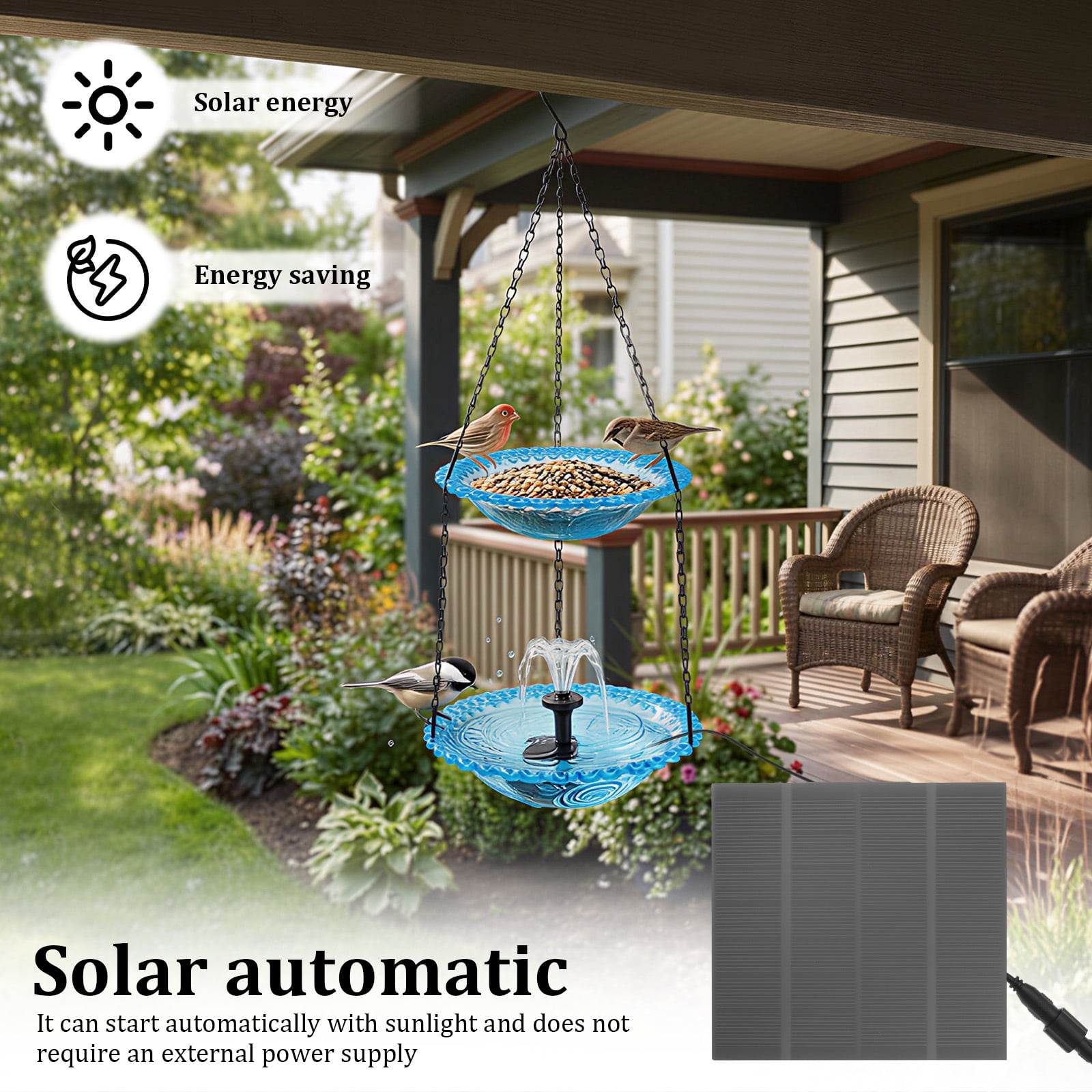 Grusce Hanging Solar Bird Bath Fountain, Solar Power Outdoor Water Fountain with Cascading Water Decorative for Garden Yard Patio