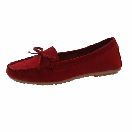 hopeusnice Clearance Women s Suede Bowknot Loafers Slip On Flat Shoes Comfortable Breathable Soft Sole Driving Shoes Flats Red 35