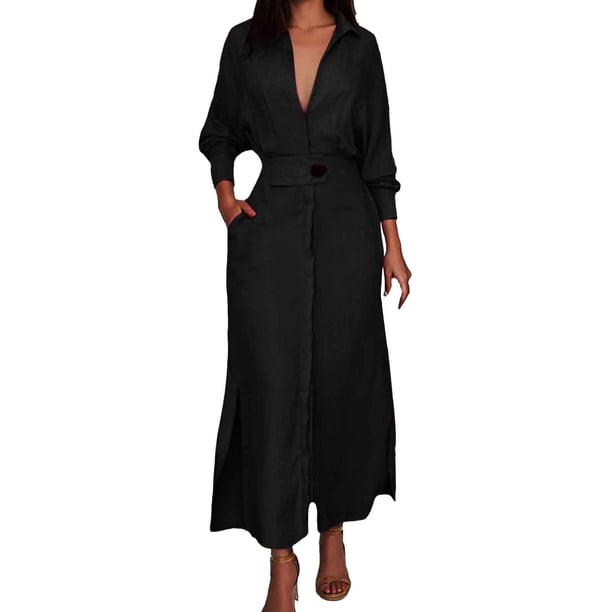 Vestido liso de mujer con cinturón, manga larga y escote en V profundo, poliéster y spandex, estilo informal y elegante, tallas S-XXXL