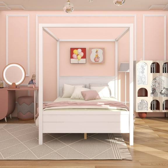 Queen Size Canopy Platform Bed with Headboard and Footboard,Slat Support Leg - White