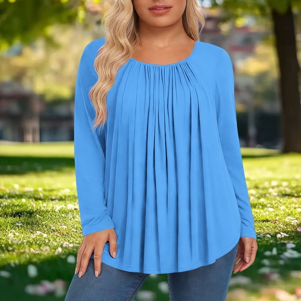 TaTaai Ladies Plus Size Loose Fit Solid Color Long Sleeve Crew Neck Tops Pleated Detail Casual Soft Comfortable Elegant Blouse For Women Daily All Season Gift