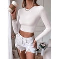 thumbnail image 3 of Women'S Backless Long Sleeve Ribbed Knit Crop Top Slim Fit Crew Neck Twist Back Cut Out Fitted Shirt White S, 3 of 8