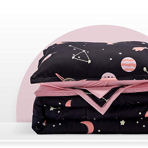Twin SLEEP ZONE Kids Bed-in-a-Bag Bedding Set Easy-Care Microfiber Ultra Soft Comforter and Sheet Sets with Shams 5 Pieces Galaxy Black/Pink