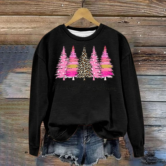 FAVIPT Pink Leopard Print Christmas Tree Shirts for Women Merry Christmas Womens Pullover Crewneck Long Sleeve Crewneck Shirts Tops Sweatshirts Plus Size,S-6XL