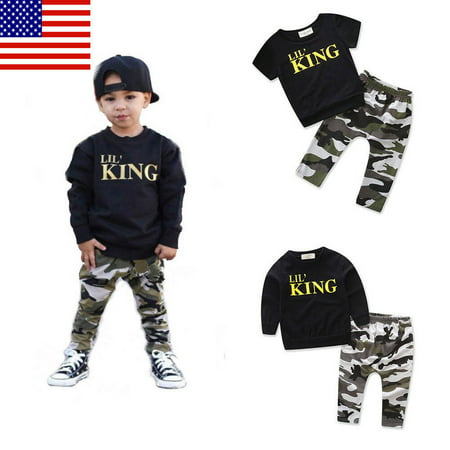 Newborn Infant Toddler Kid Baby Boy Outfit Suit Clothes King Long Sleeve Black T-Shirt +Camo Pants Outfits Tops Set for 6M-6Y Baby Boy