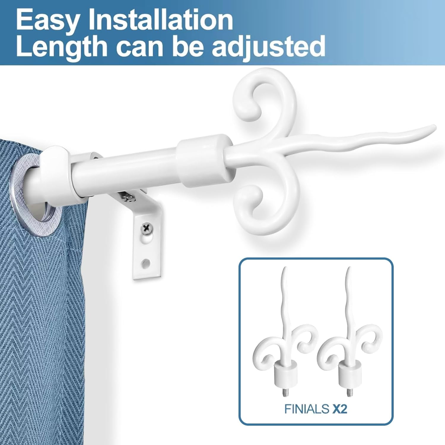 Urbanest Adjustable Single Curtain Rod Set With Flame Finials – 5/8-Inch Diameter, Glossy White, 48–84 Inches