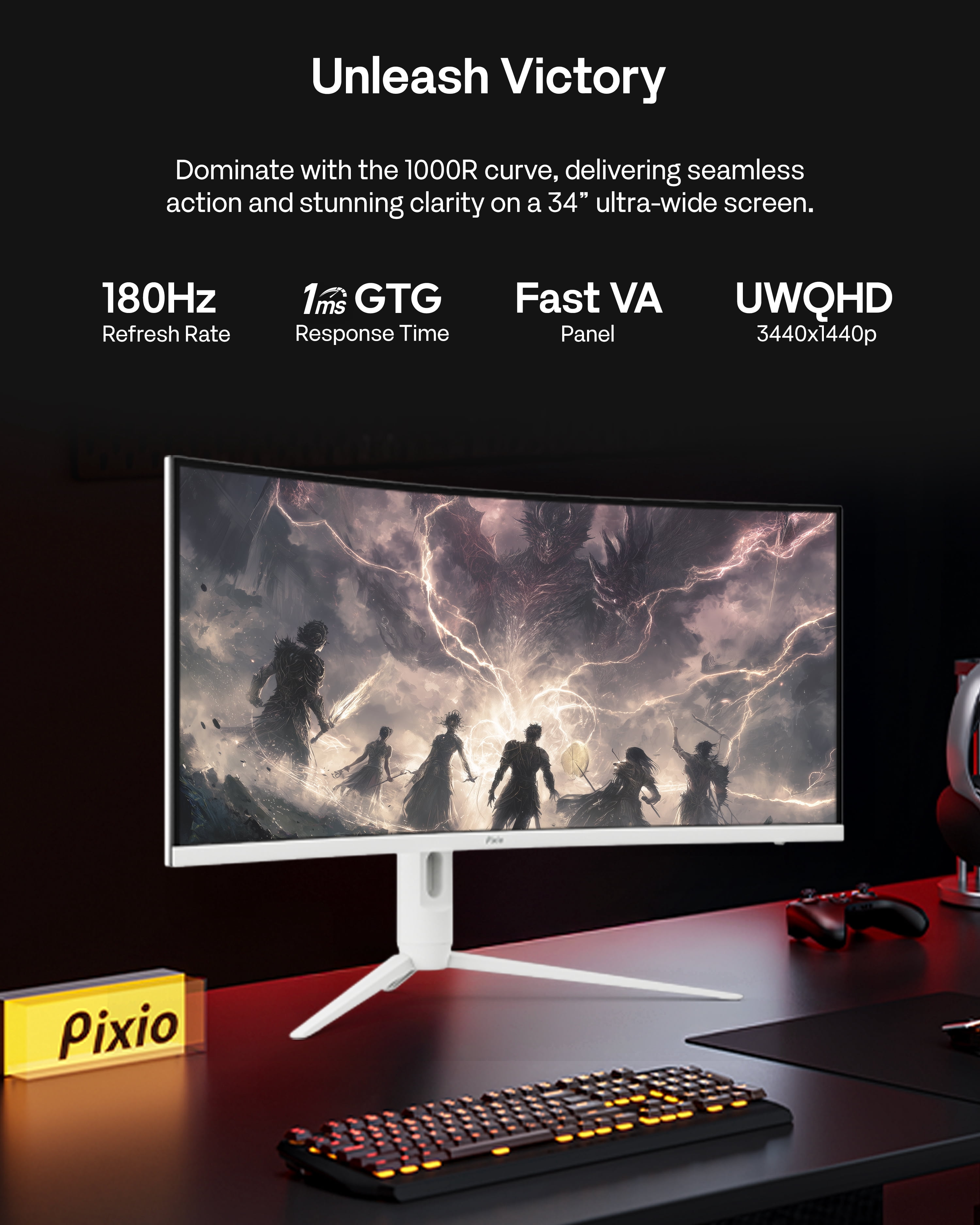 Pixio PXC348C Neo White 34" 180Hz Refresh Rate UWQHD 1440p Ultrawide Resolution 1000R Curve Fast VA Panel 1ms Response Time USB-C Displayport 65W Charging Adaptive Sync HDR Curved Gaming Monitor