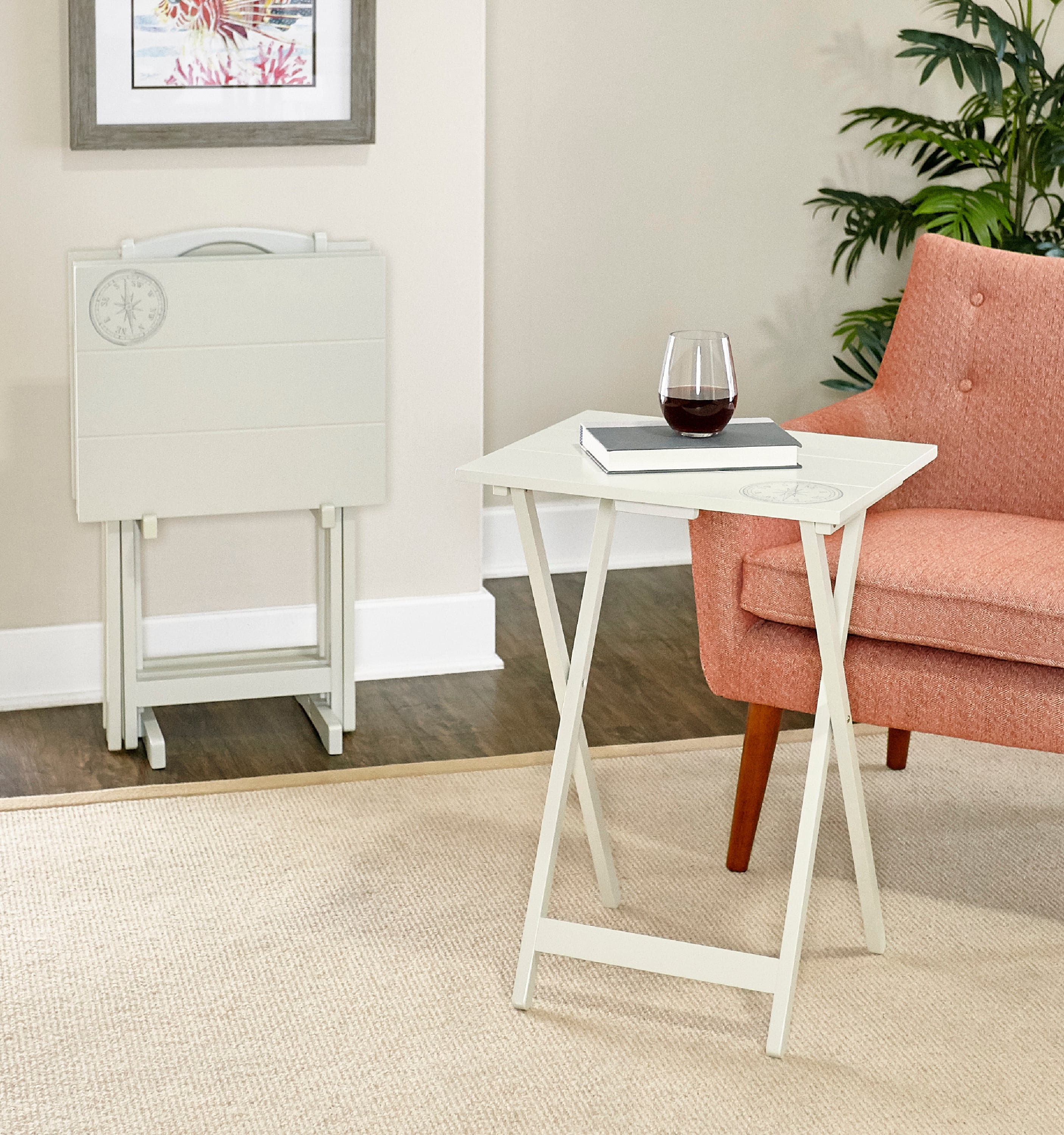 Linon Girard Folding Tray Table Set, 26.38" Tall, White Finish