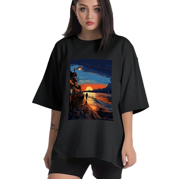 Plus Size Shirt for Women Black Tops for Women Short Sleeves Shirt for Women Seaside (41) T Shirt Crewneck Shirt for Women XS