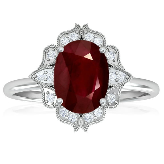 GemsNY July Birthstone - Vintage Oval Ruby Ring with Pave Set Diamond Halo For Women (Grade - AA | 1.12cttw)