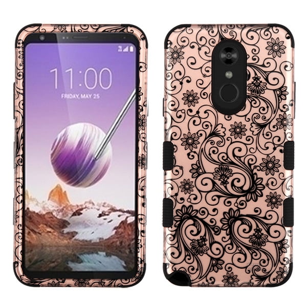 LG Stylo 5 Phone Case Hybrid Impact Armor Hard PC & Soft TPU Silicone Rubber Heavy Duty Rugged Bumper Shockproof Anti Slip Full Body Protective Cover 2D Flower Damask Rose Gold Cover for LG Stylo 5