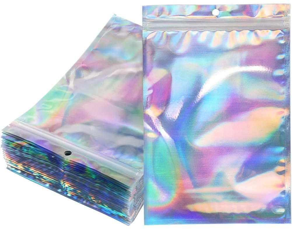 BOBECI 100pcs Holographic Packaging Bags-2.4x5.9 inch Resealable Jewelry Pouch Lipgloss Ziplock Packaging for Small Business (Small Size)