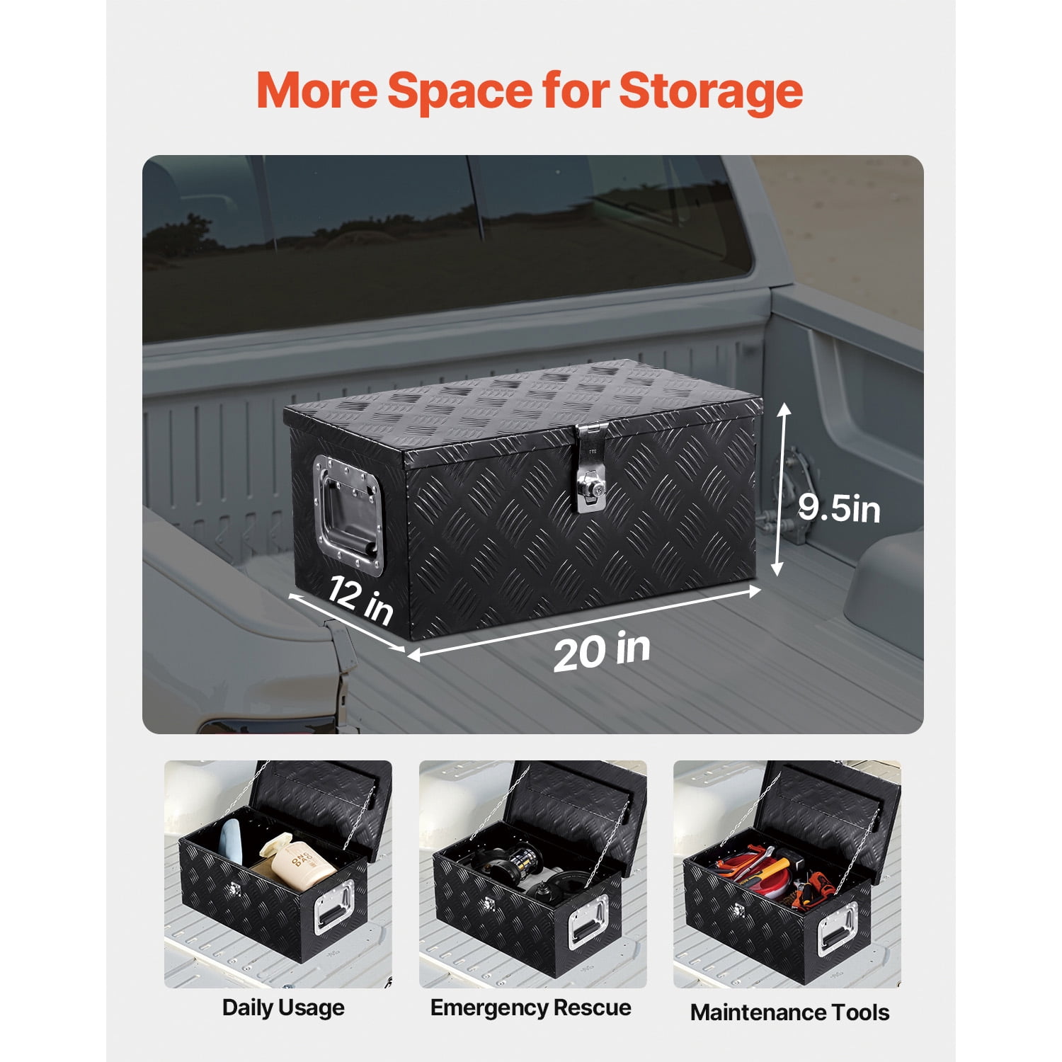 KFFKFF Durable Aluminum Truck Bed Tool Box, Textured Storage Box with Side Handle and Lock Keys, Organizer Chest for Trailer, Pickup, Truck Bed, RV, 20"x12"x9.5", Black
