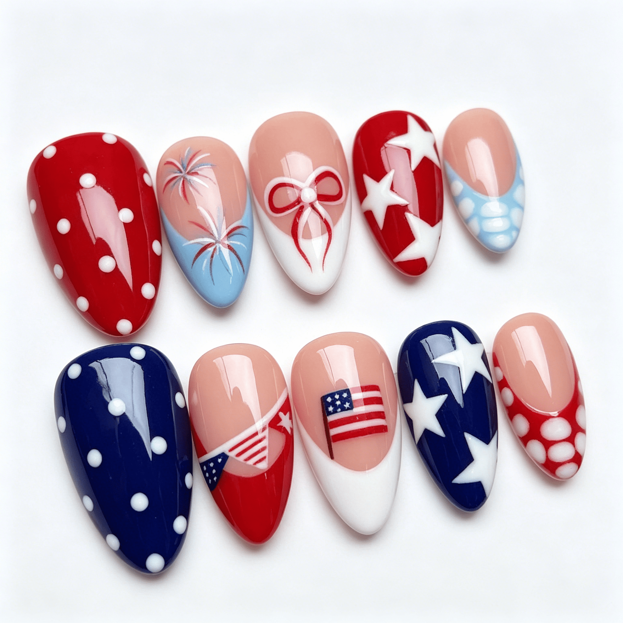 RAGUPEL 4Th of July Press on Nails Medium Almond Fake Nails Red White and Blue French Tip False Nails with Polka Dots Bow Designs American Flag Glue on Nails Independence Day Stick on Nail