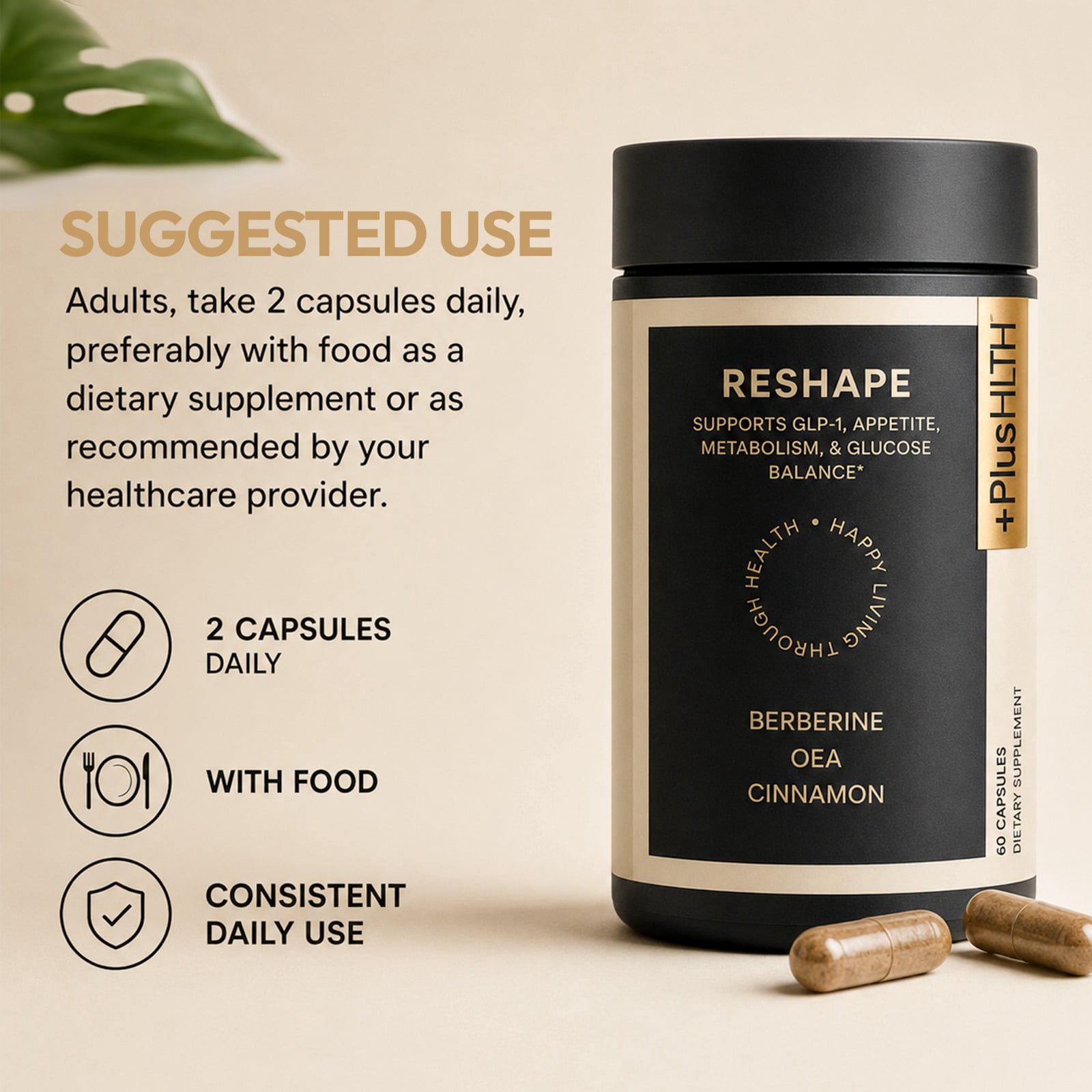 PlusHLTH Reshape Capsules, Berberine, Cinnamon, OEA, Vegan