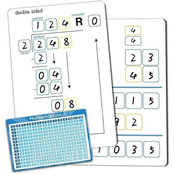 Set of Dry Erase Multiplication and Division Practice White Board, 8" x 12" 2-Digits Mathematics Board with a 4" x 2.5" Multiplication Chart Board for Kids Students, Classroom and Home.