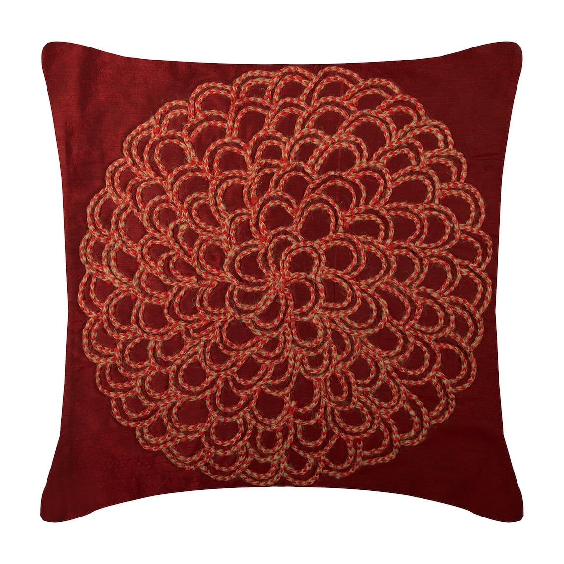 Deep Red Pillows Cover, Jute Flower Medallion Floral Theme Pillows