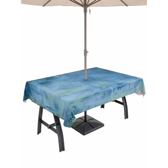 Outdoor Tablecloth with Umbrella Hole for Patio/Picnic/Party/Camping, Teal Blue Ombre Waterproof Table Cloth Rectangle Table Cover Washable, Modern Abstract Art Turquoise Gradient (60"x 102")