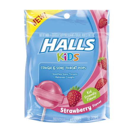 HALLS, Kids Cough & Sore Throat Pops in Strawberry Flavor, 10 (Best Thing For Children's Sore Throat)