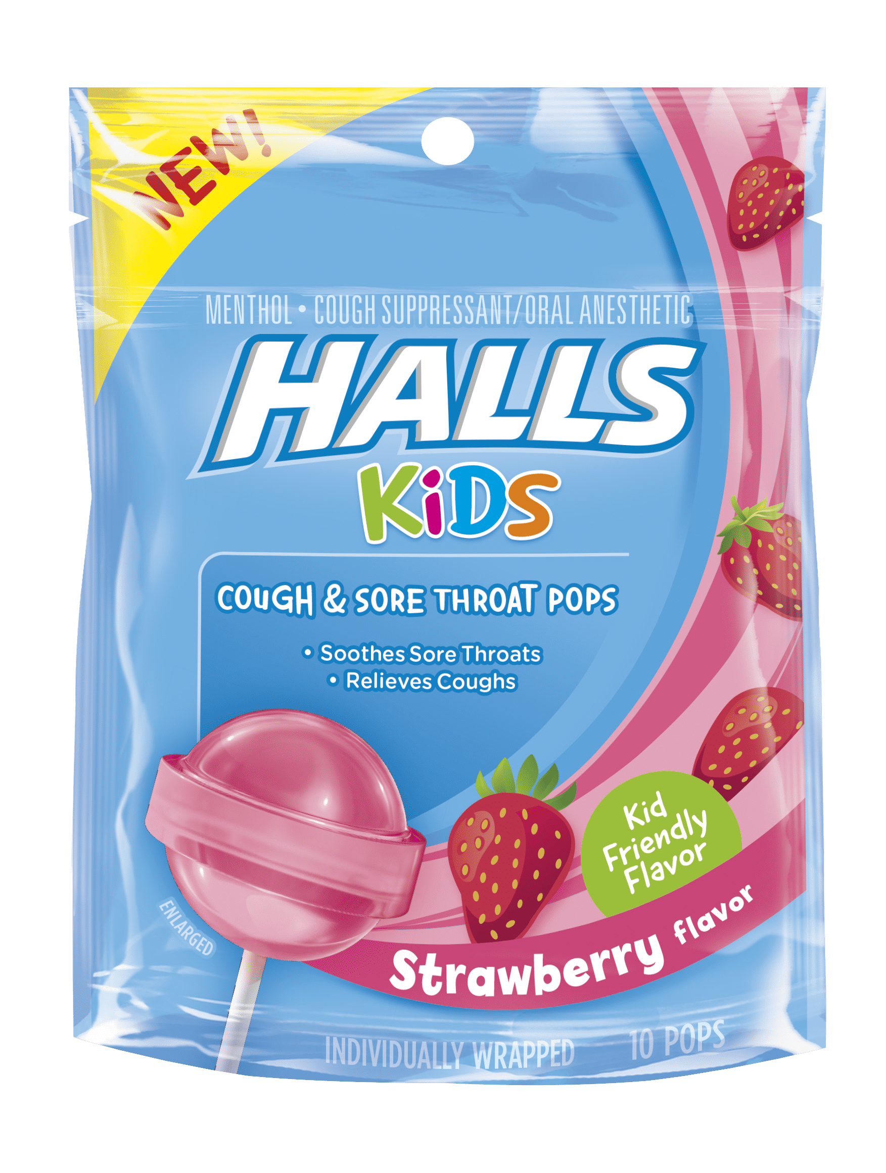 Halls Kids Cough Sore Throat Pops In Strawberry Flavor 10 Pcs 