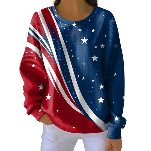 MEICHEN Women's America Flag Shirt Stripes Crew Neck Loose Casual Pullover USA 250th Anniversary Printed Casual Sweatshirt
