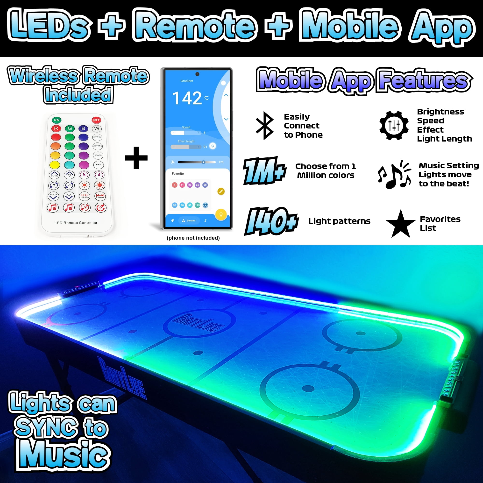 PartyLife 54-Inch Arcade Air Hockey Table – LED Lights, Fold & Store Leg Design, Smooth Playing Surface, Powerful Motor – Perfect for Kids & Adults