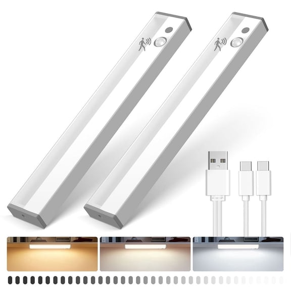 ALUSSO 30cm LED Cabinet Lights with Motion Sensor, 3000/4000/6500K 3CCT&Dimmable, USB Rechargeable Night Lamps, for Bedroom, Kitchen, 2 Pcs
