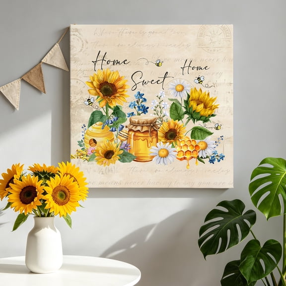 Sunflowers Honey Canvas Wall Art, Daisy Blue Flowers Bee Home Country Farm Framed Canvas Wall Decor Picture Print Artwork Decorations for Living Room Office Ready to Hang 8" x 8"
