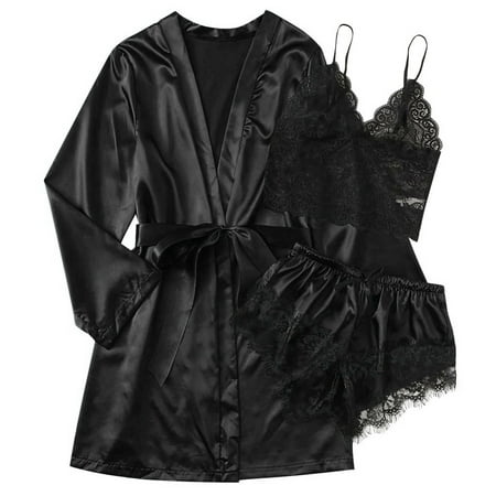 

Frehsky pajamas for women Satin Silk Pajamas Women Nightdress Lingerie Robes Underwear Sleepwear Black