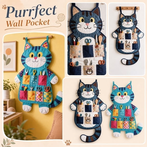 Cat-Shaped Patchwork Wall Organizer, 27.6x15.7 Inch Hanging Storage Pouch with Multiple Pockets for Keys & Tools, Canvas Entryway Decor A