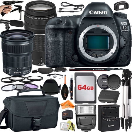 Canon EOS 5D Mark IV DSLR Camera with 24-105mm + 75-300mm Lens + 64GB + Microphone + Flash + ZeeTech Accessory Bundle (International Version)