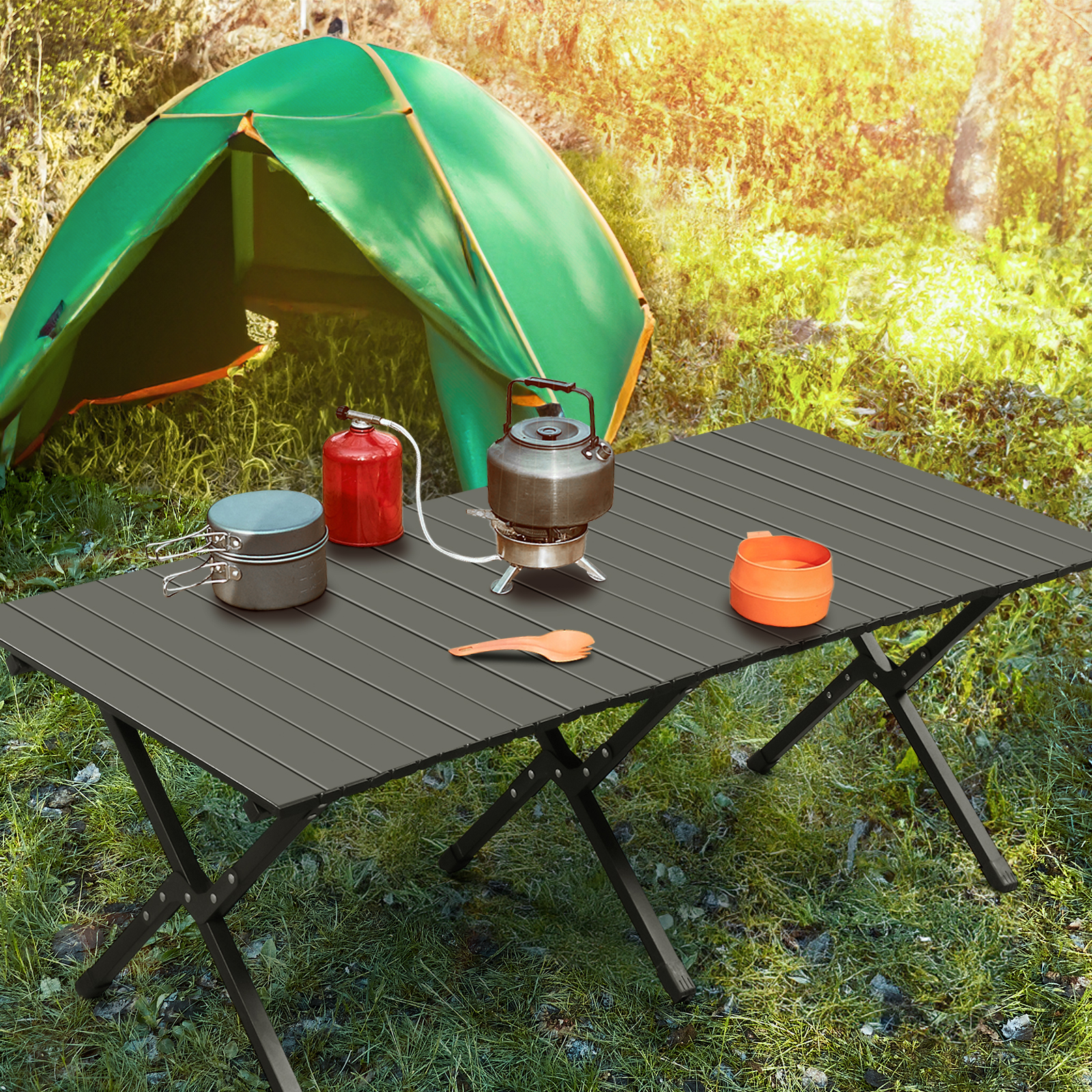 Folding Camping Table Portable Picnic Table, Lightweight Roll up Side Table Outdoor Camp Table for Travel Hiking Backyard BBQ Party, Black/46x24in