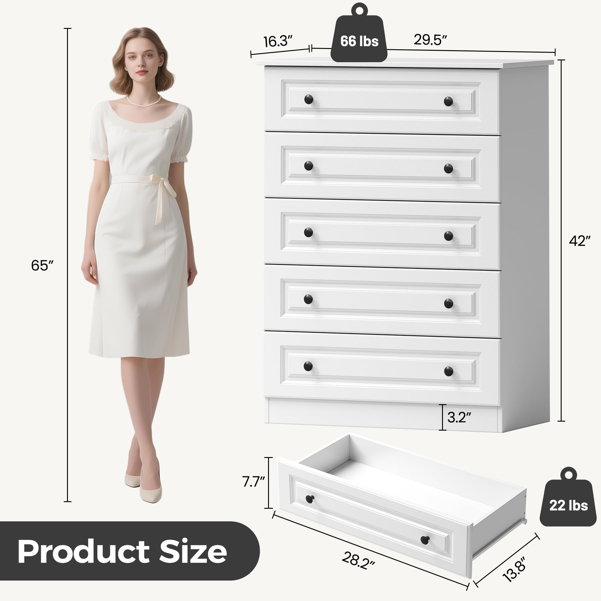 NEGYLIM 5 Drawer Dresser Tall Modern White Chest of Drawers with Anti Tip Large Storage for Bedroom Hallway Entryway White