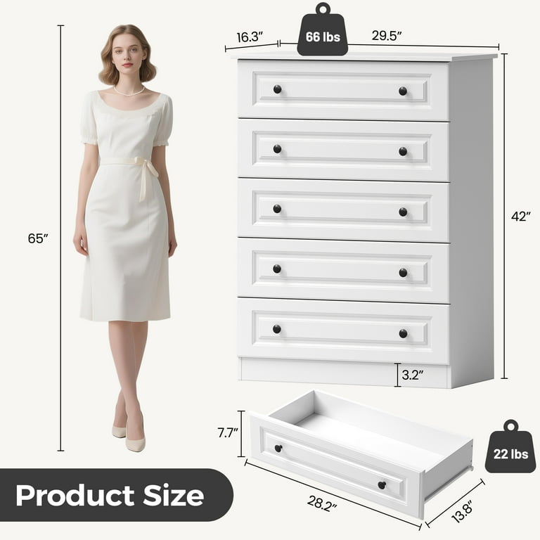 NEGYLIM 5 Drawer Dresser Tall, Modern White Chest of Drawers with
