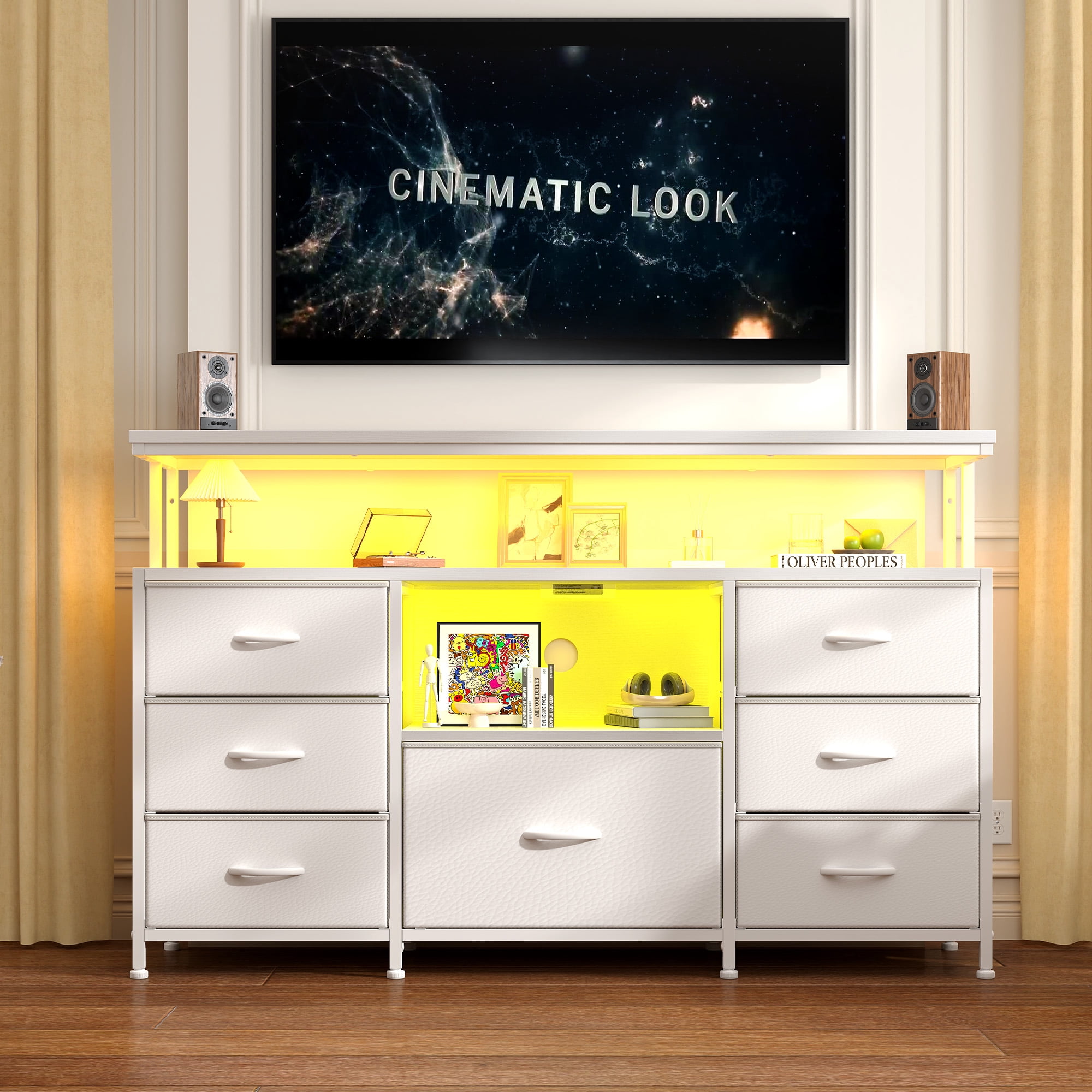 Dresser TV Stand for Bedroom with LED Lights & Power Outlets for 55" TV Wide Dresser for Bedroom with 7 Drawers & Open Shelves for Living Room, Sturdy Frame, White