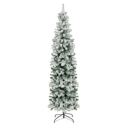 Christmas Tree Snow Pictures - Best Choice Products 7.5ft Snow Flocked Artificial Pencil Christmas Tree Holiday Decoration w/ Metal Stand - Green