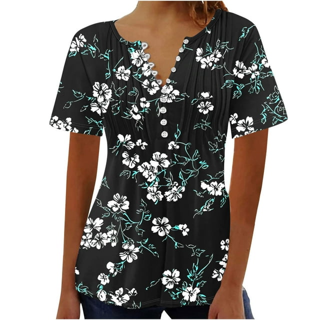 Tops de Algodón para las Mujeres Impreso en V-Cuello Botón Arriba Blusa de Manga Corta, Ligera Imitación Top Casual