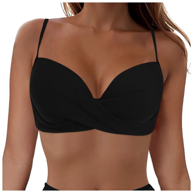 Huesdet Bikini Tops for Women Triangle Bikini Top Ribbed Push up Padded Halter String Bathing Suits Top(Black,L)