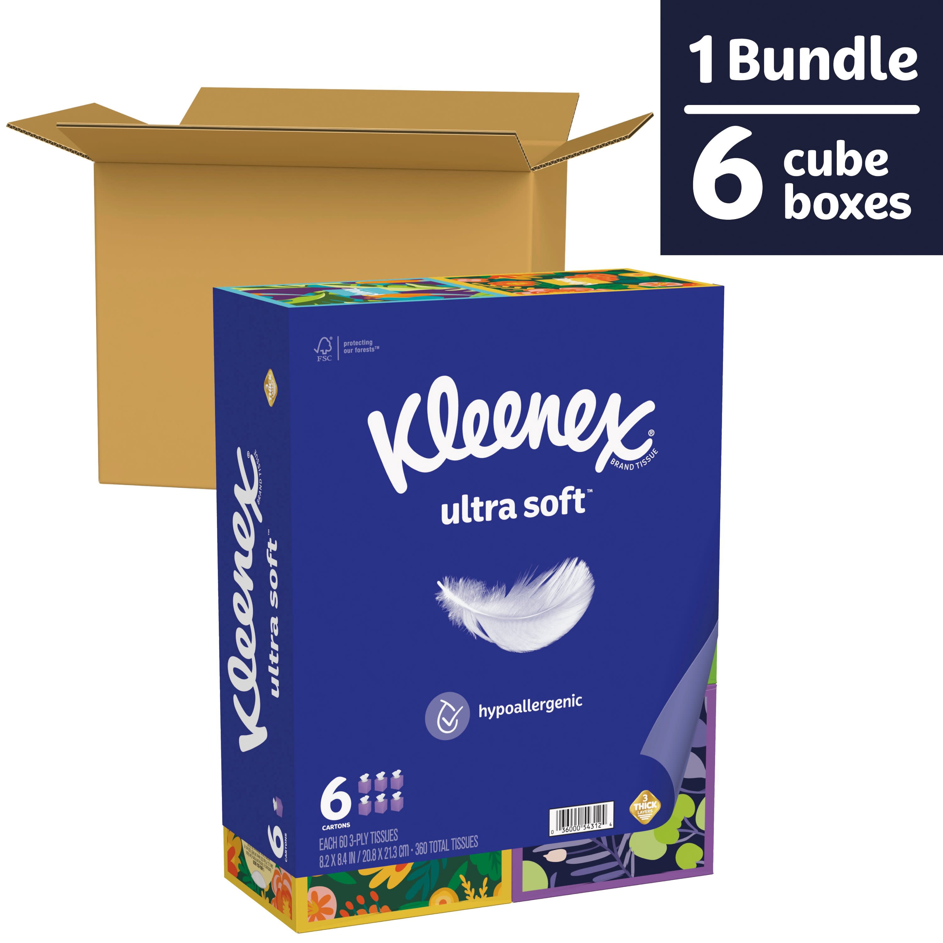 (3 pack) Kleenex Ultra Soft 3-Ply Cube Box Facial Tissues, 6 Pack (360 Total Tissues)