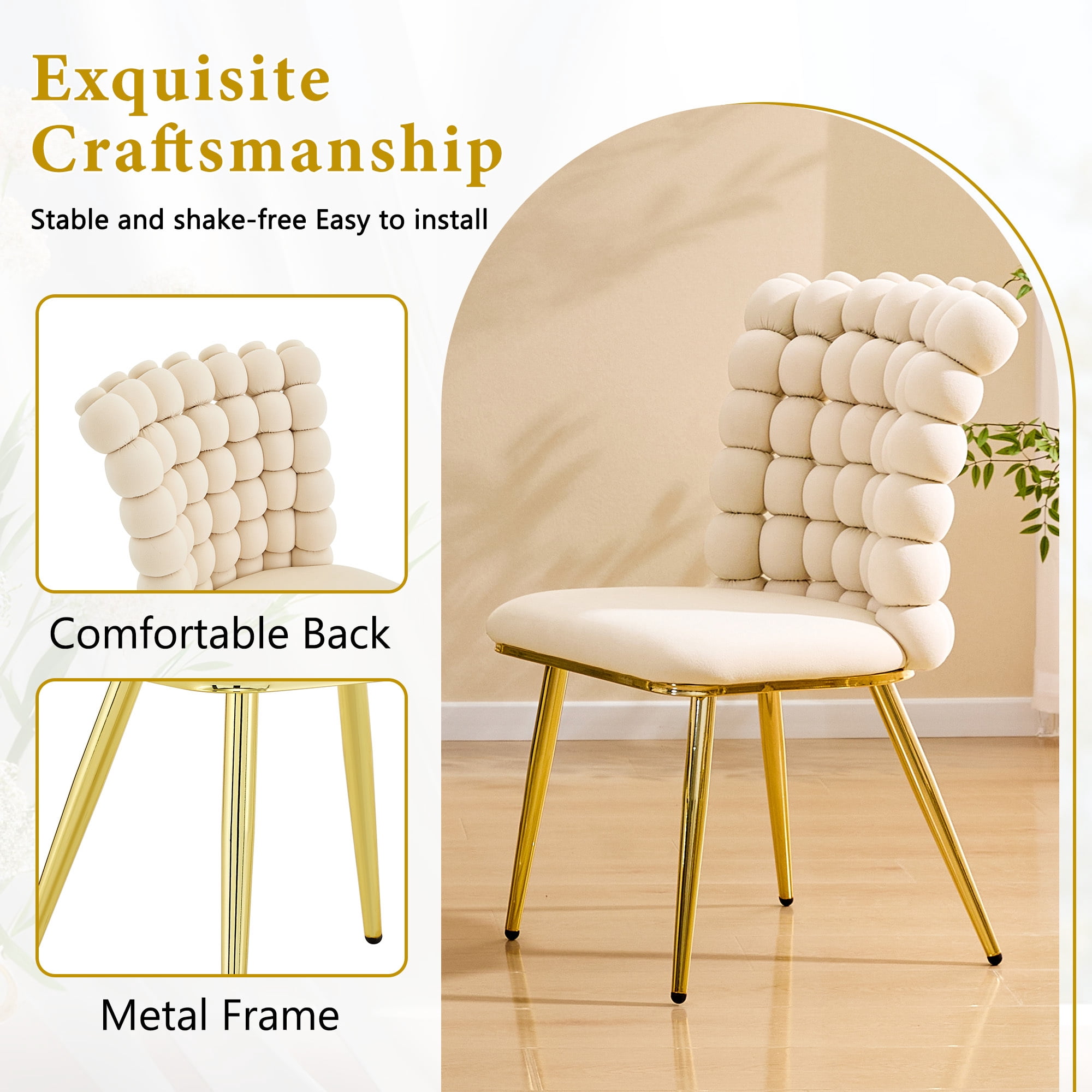 Leumius Set of 2 Luxury Bubble Tufted Swivel Chair, Premium Velvet Upholstered Accent Chair with Gold Metal Frame, Ergonomic Space-Saving Desk Chair for Modern Interiors Beige
