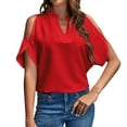 thumbnail image 2 of Red T Shirts for Women's Solid Color V Neck Off The Shoulder Loose Chiffon T Top Fashion Clothing, 2 of 6