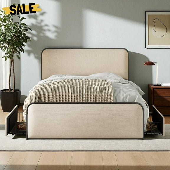 GZXS Queen Size Metal Platform Bed with Linen Upholstered Headboard & Footboard, 4 Storage Drawers, No Box Spring Needed, Beige