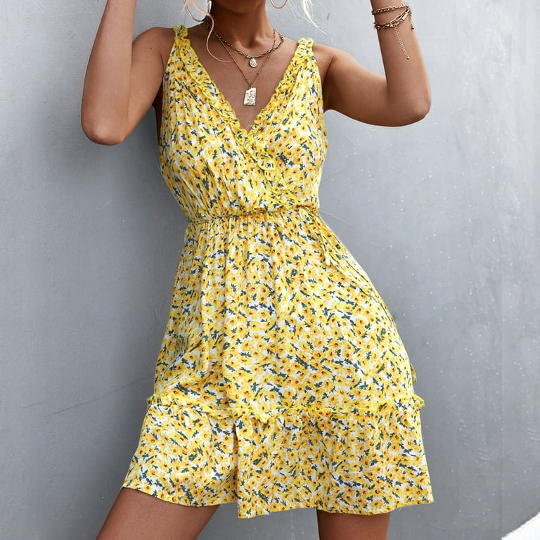 Women s Dresses Summer Floral Printed Ruffle Hem Sleeveless V Neck Beach Mini Dress Loose Women Dress Cute Long Dresses for Women Soprano plus Size