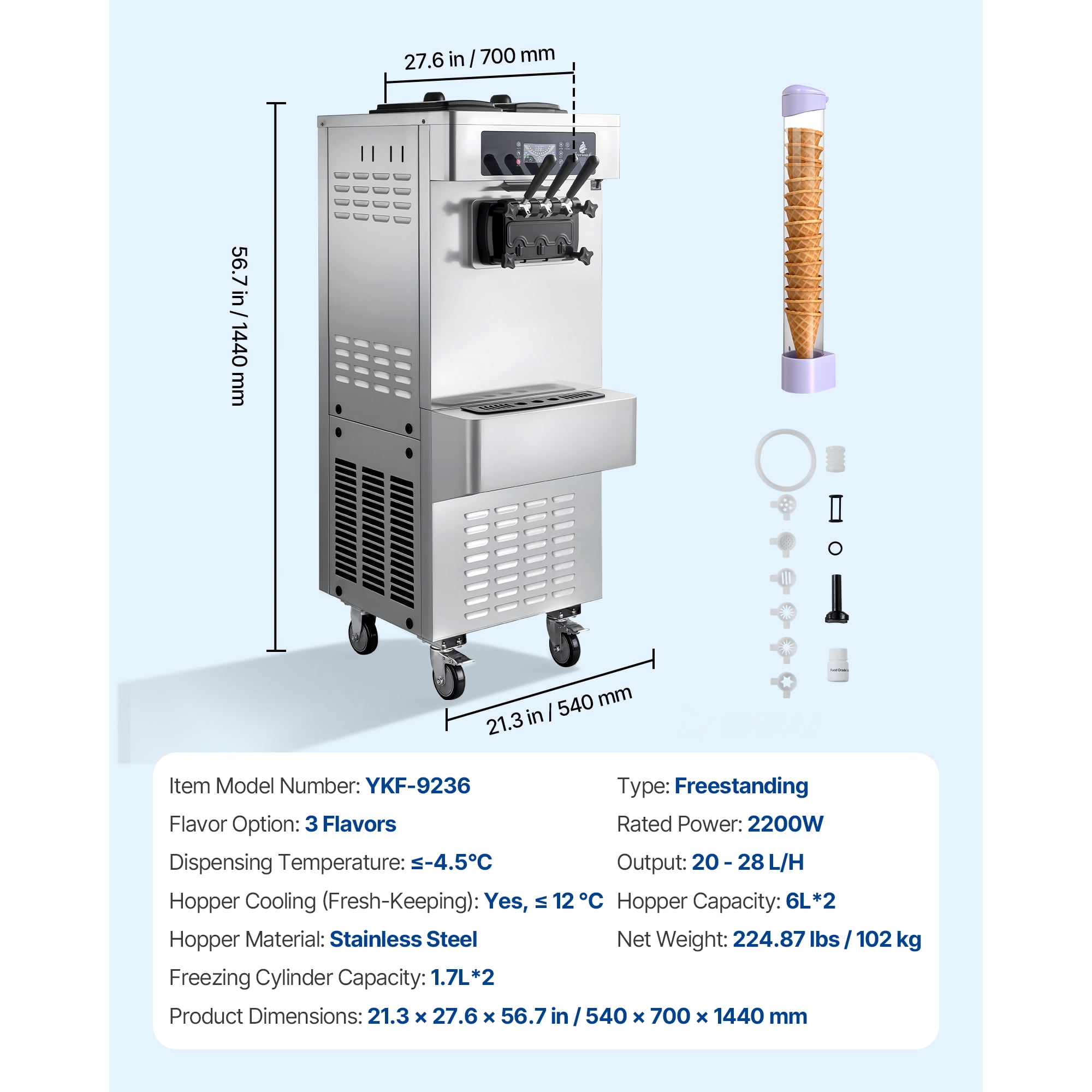 KFFKFF Commercial Soft Serve Ice Cream Machine, 20-28L/H Output, 2200W Freestanding Maker with 3 Flavors, Dual 6L Hoppers, Built-In Puffing Pump, Pre-Cooling System