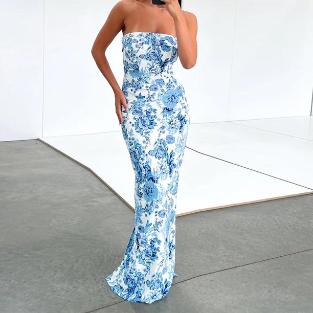 Vestido Vestido ajustado para mujer, ajustado, con cuello oblicuo, vestido largo sexy, traje de vacaciones sin espalda Kuymtek Azul T M para Mujer
