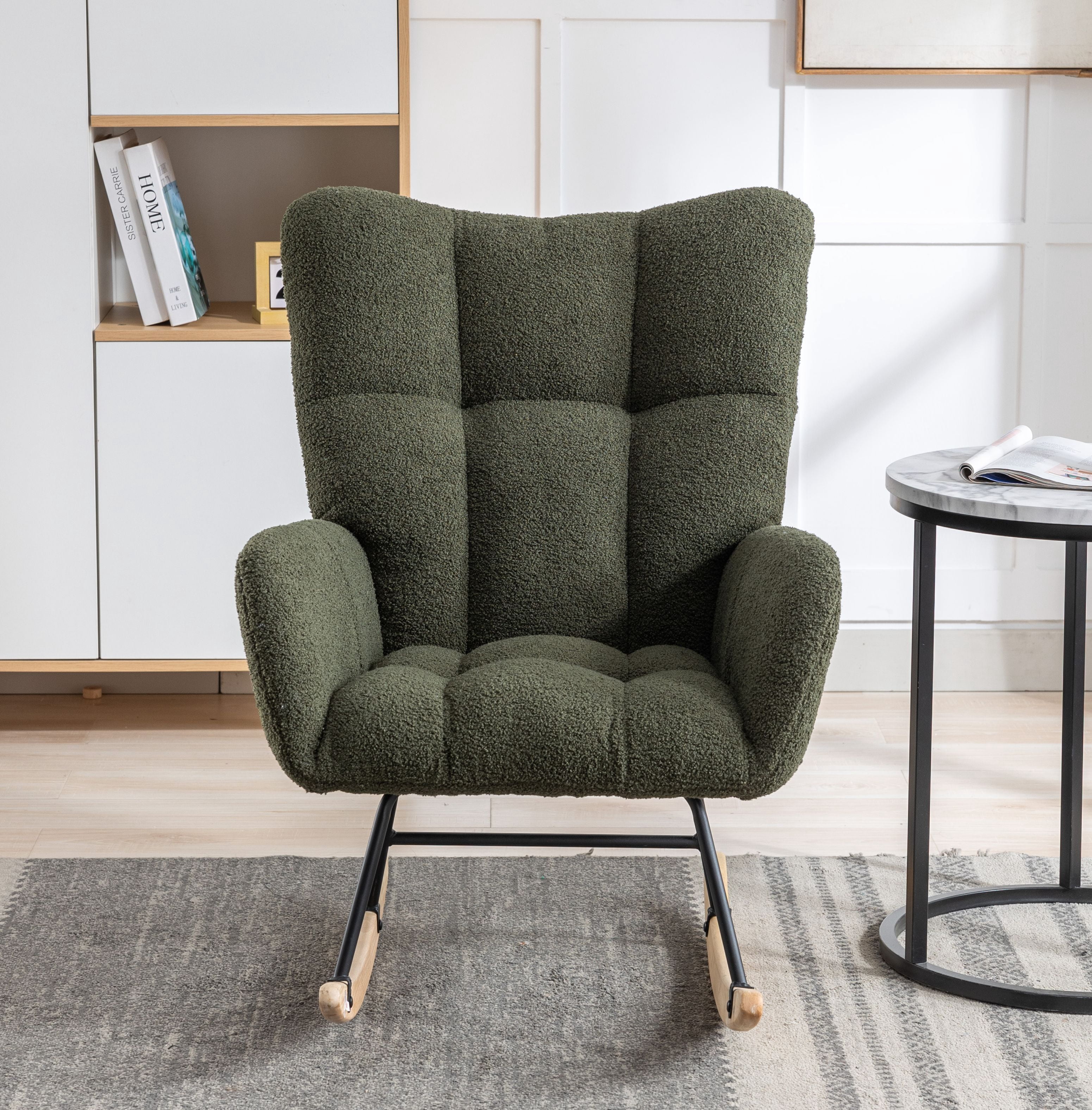 Rocking Chair Nursery,Teddy Upholstered Glider Rocker with High Backrest,Modern Rocking Accent Chairs Glider Recliner for Living Room, Nursery, Bedroom,Dark Green
